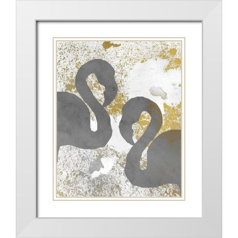Gold Flamingos 2 White Modern Wood Framed Art Print with Double Matting by Kimberly, Allen