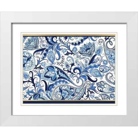 Blue and Gold Paisleys 1 White Modern Wood Framed Art Print with Double Matting by Allen, Kimberly