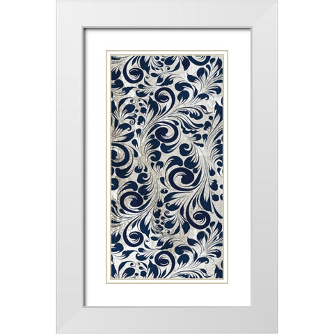 Indigo Damask Panel 2 White Modern Wood Framed Art Print with Double Matting by Allen, Kimberly