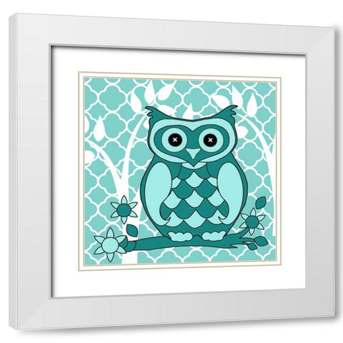 Teal Patterened Owl White Modern Wood Framed Art Print with Double Matting by Allen, Kimberly