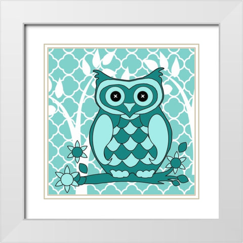 Teal Patterened Owl White Modern Wood Framed Art Print with Double Matting by Allen, Kimberly