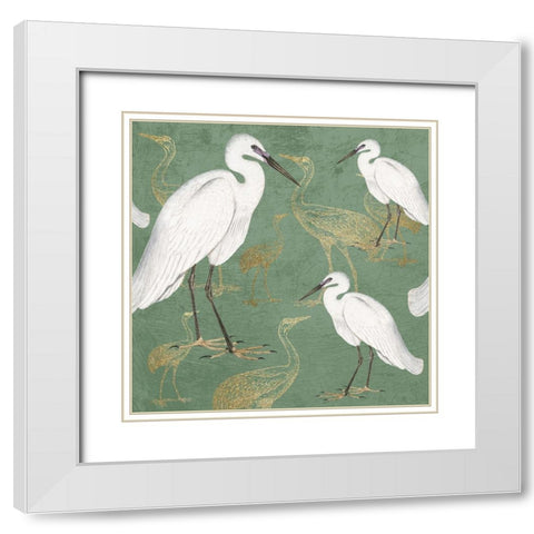 Sage and Gold Cranes White Modern Wood Framed Art Print with Double Matting by Kimberly, Allen