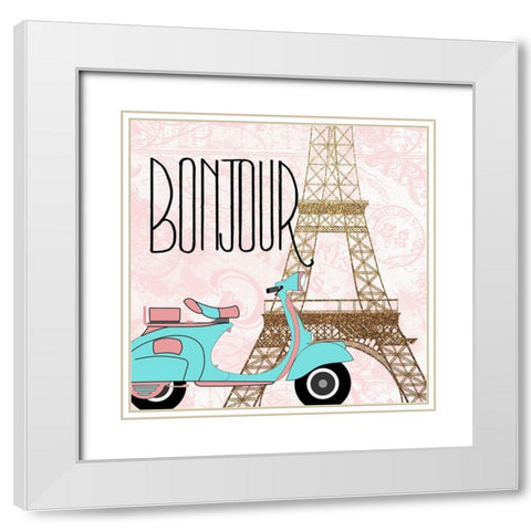Paris Bonjour 2 White Modern Wood Framed Art Print with Double Matting by Kimberly, Allen