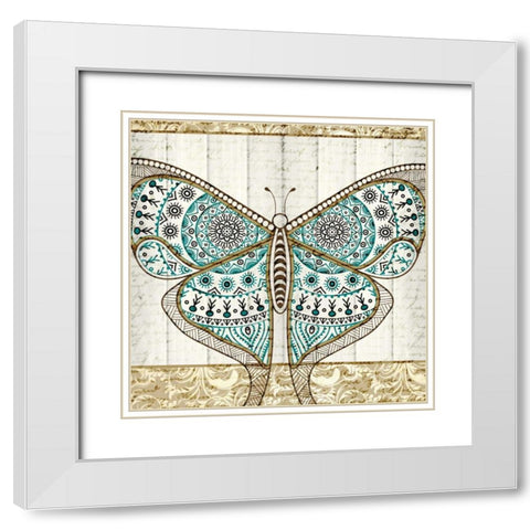 Damask Butterfly Teal 1 White Modern Wood Framed Art Print with Double Matting by Allen, Kimberly