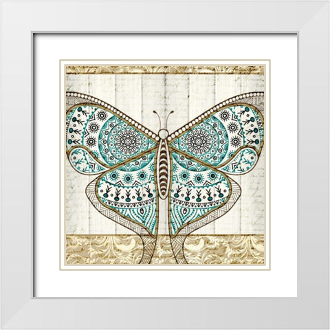 Damask Butterfly Teal 1 White Modern Wood Framed Art Print with Double Matting by Allen, Kimberly
