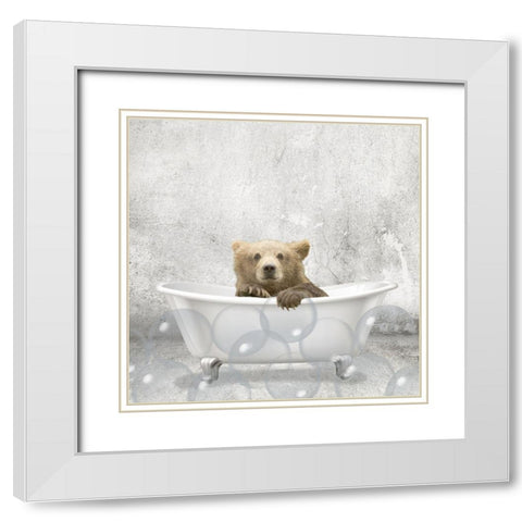 Baby Bear Bath White Modern Wood Framed Art Print with Double Matting by Kimberly, Allen