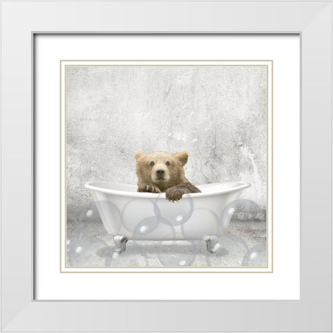 Baby Bear Bath White Modern Wood Framed Art Print with Double Matting by Kimberly, Allen