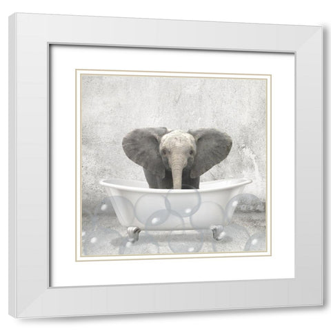 Baby Elephant Bath White Modern Wood Framed Art Print with Double Matting by Kimberly, Allen