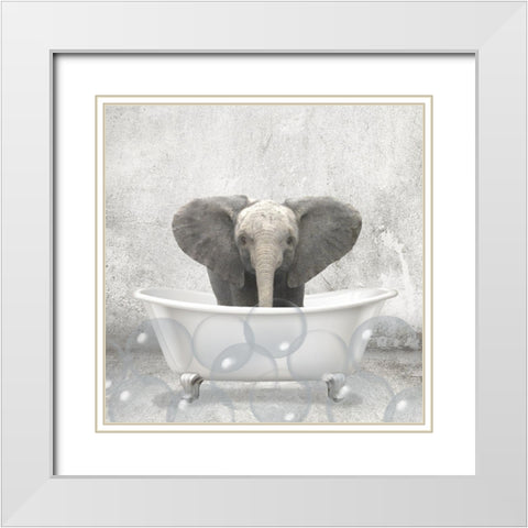 Baby Elephant Bath White Modern Wood Framed Art Print with Double Matting by Kimberly, Allen