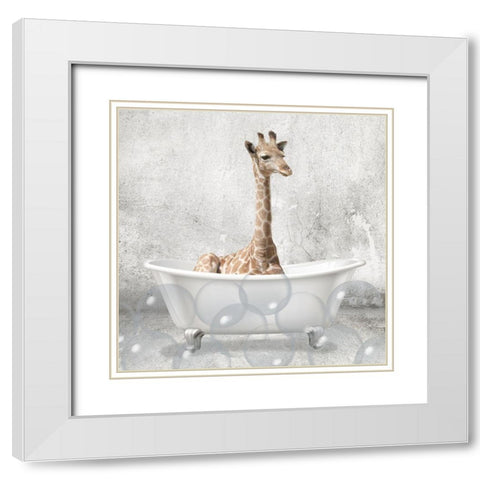 Baby Giraffe Bath White Modern Wood Framed Art Print with Double Matting by Kimberly, Allen