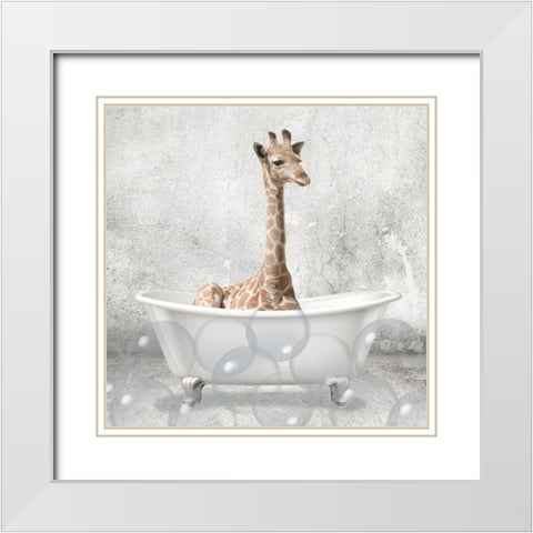 Baby Giraffe Bath White Modern Wood Framed Art Print with Double Matting by Kimberly, Allen
