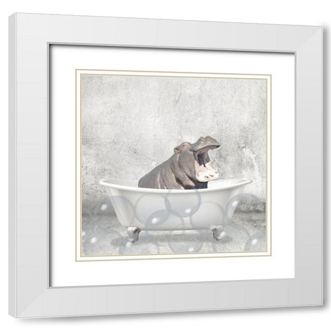 Baby Hippo Bath White Modern Wood Framed Art Print with Double Matting by Kimberly, Allen