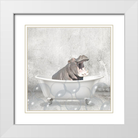 Baby Hippo Bath White Modern Wood Framed Art Print with Double Matting by Kimberly, Allen