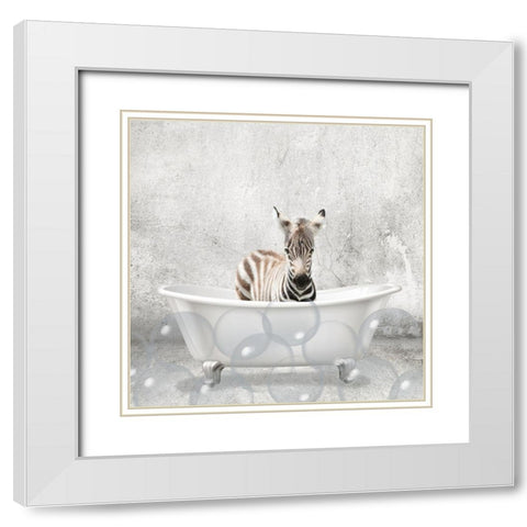 Baby Zebra Bath White Modern Wood Framed Art Print with Double Matting by Kimberly, Allen