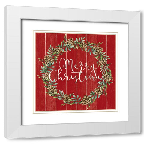 Merry Christmas Wreath V2 White Modern Wood Framed Art Print with Double Matting by Allen, Kimberly