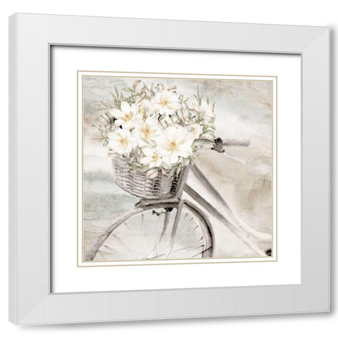 Flower Bike White Modern Wood Framed Art Print with Double Matting by Allen, Kimberly