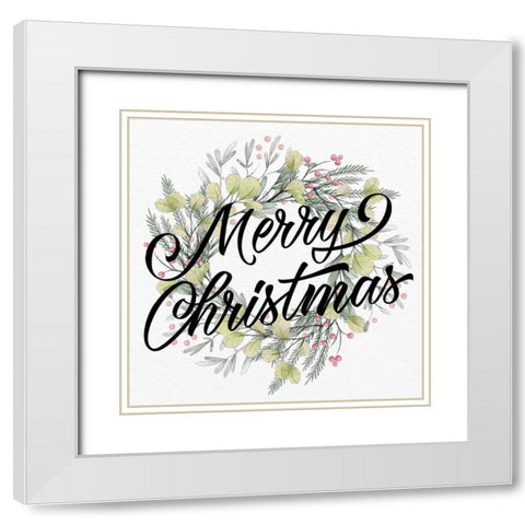 Merry Christmas Wreath Greens White Modern Wood Framed Art Print with Double Matting by Allen, Kimberly