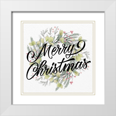 Merry Christmas Wreath Greens White Modern Wood Framed Art Print with Double Matting by Allen, Kimberly