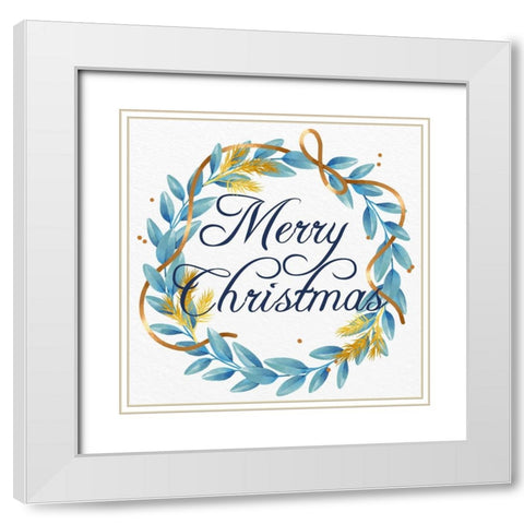 Merry Christmas Wreath Blues White Modern Wood Framed Art Print with Double Matting by Allen, Kimberly