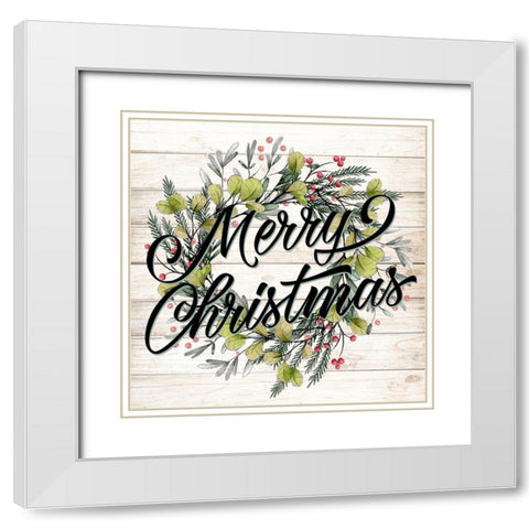 Merry Christmas Wreath White Modern Wood Framed Art Print with Double Matting by Allen, Kimberly