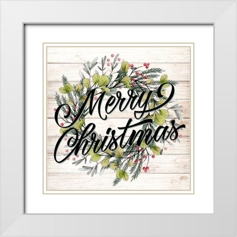 Merry Christmas Wreath White Modern Wood Framed Art Print with Double Matting by Allen, Kimberly