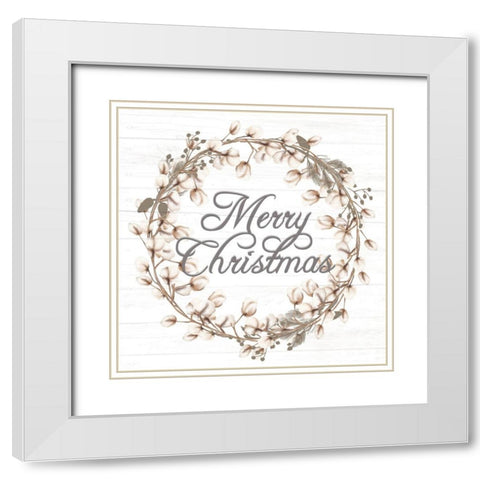 Merry Christmas Cotton Wreath White Modern Wood Framed Art Print with Double Matting by Allen, Kimberly
