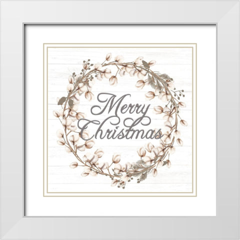 Merry Christmas Cotton Wreath White Modern Wood Framed Art Print with Double Matting by Allen, Kimberly