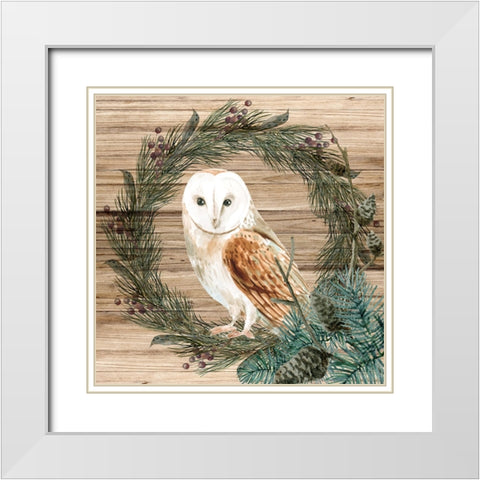 Owl Wreath White Modern Wood Framed Art Print with Double Matting by Allen, Kimberly
