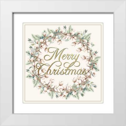 Cotton And Greens Wreath White Modern Wood Framed Art Print with Double Matting by Allen, Kimberly