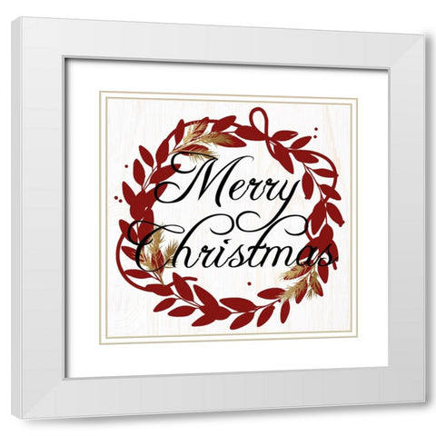 Merry Christmas Wreath Reds White Modern Wood Framed Art Print with Double Matting by Allen, Kimberly