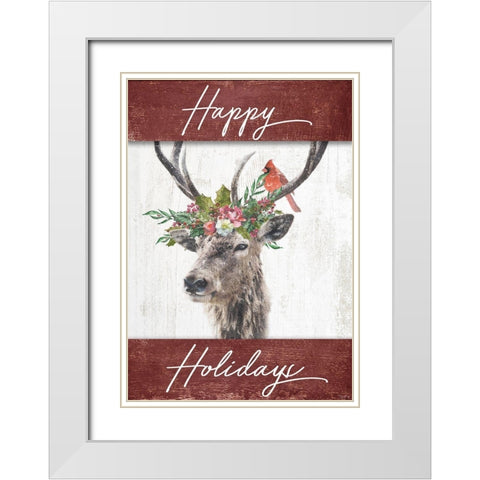 Happy Holidays Deer Flag White Modern Wood Framed Art Print with Double Matting by Louise, Gigi
