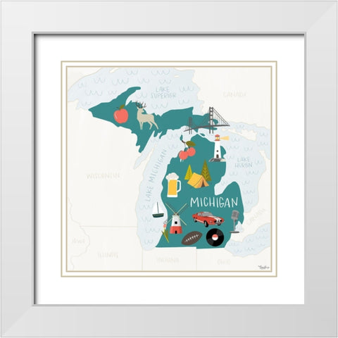 Michigan Icons White Modern Wood Framed Art Print with Double Matting by Louise, Gigi