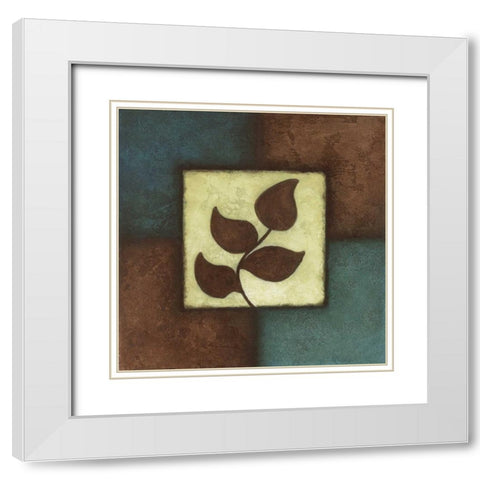 Blue Brown Green Leaves II White Modern Wood Framed Art Print with Double Matting by Emery, Kristin