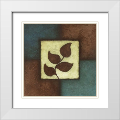 Blue Brown Green Leaves II White Modern Wood Framed Art Print with Double Matting by Emery, Kristin