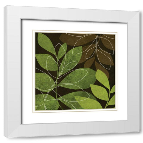 Green and Brown Leaves II White Modern Wood Framed Art Print with Double Matting by Emery, Kristin