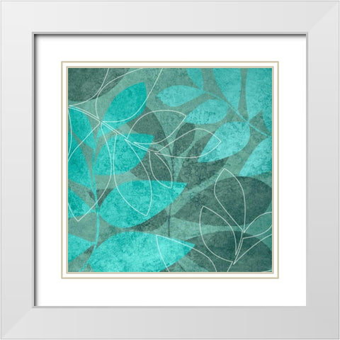 Teal Leaves I White Modern Wood Framed Art Print with Double Matting by Emery, Kristin