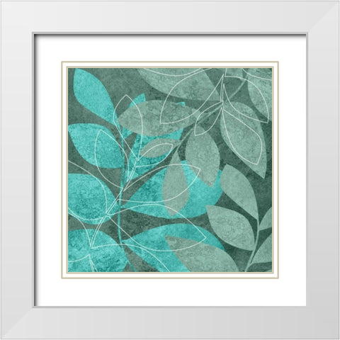 Teal Leaves II White Modern Wood Framed Art Print with Double Matting by Emery, Kristin