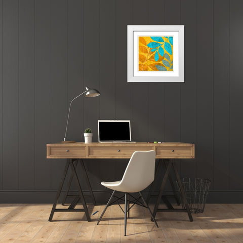 Aqua Leaves 2 White Modern Wood Framed Art Print with Double Matting by Emery, Kristin