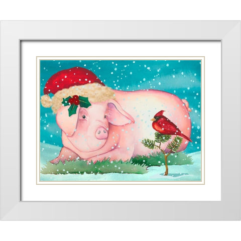 Christmas Pig And Friend White Modern Wood Framed Art Print with Double Matting by Korsgaden, Laurie