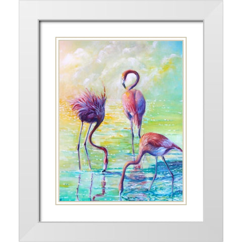 Flamingo Family 1 White Modern Wood Framed Art Print with Double Matting by Colberg, Lisa