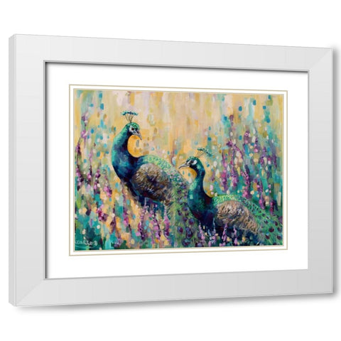 Peacocks In The Field 1 White Modern Wood Framed Art Print with Double Matting by Colberg, Lisa