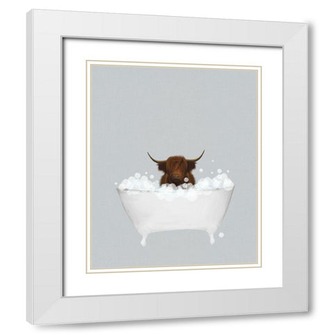 Highland Cow Blue Bath White Modern Wood Framed Art Print with Double Matting by Straatsma, Leah