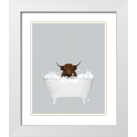 Highland Cow Blue Bath White Modern Wood Framed Art Print with Double Matting by Straatsma, Leah