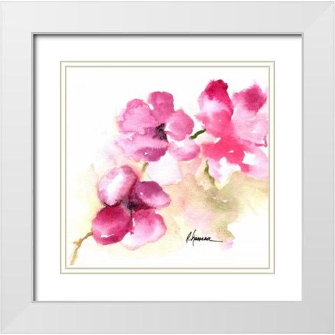 Pink Posies White Modern Wood Framed Art Print with Double Matting by May