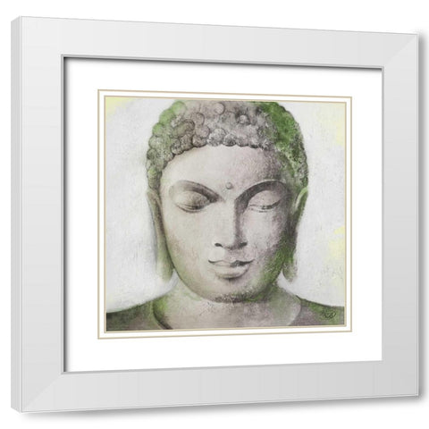 Peaceful Buddha Green White Modern Wood Framed Art Print with Double Matting by Isabella