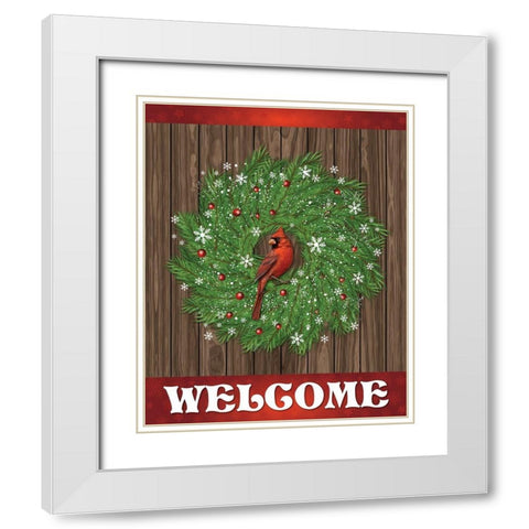 Cardinal Wreath Welcome 1 White Modern Wood Framed Art Print with Double Matting by Hogan, Melody