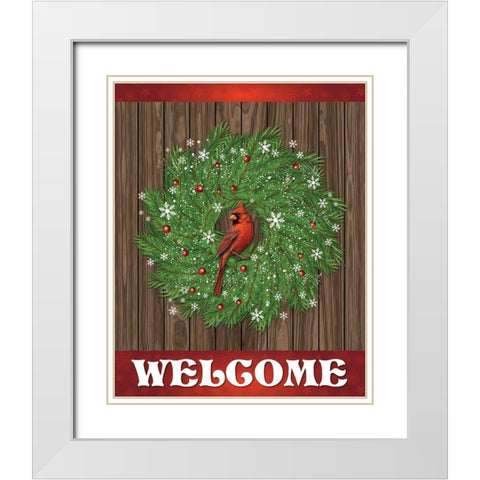 Cardinal Wreath Welcome 1 White Modern Wood Framed Art Print with Double Matting by Hogan, Melody