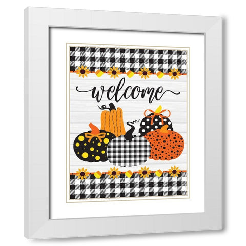 Welcome Pumpkins Buffalo Plaid 3 White Modern Wood Framed Art Print with Double Matting by Hogan, Melody