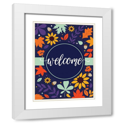 Navy Welcome Fall Floral White Modern Wood Framed Art Print with Double Matting by Hogan, Melody
