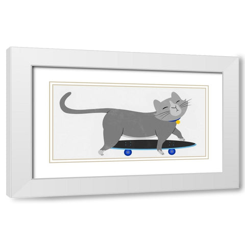 Skateboarding Cat White Modern Wood Framed Art Print with Double Matting by Prime, Marcus